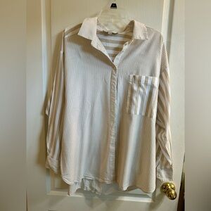 LOFT Size XL Khaki Tan and White Stripe Button Up Shirt Blouse Top